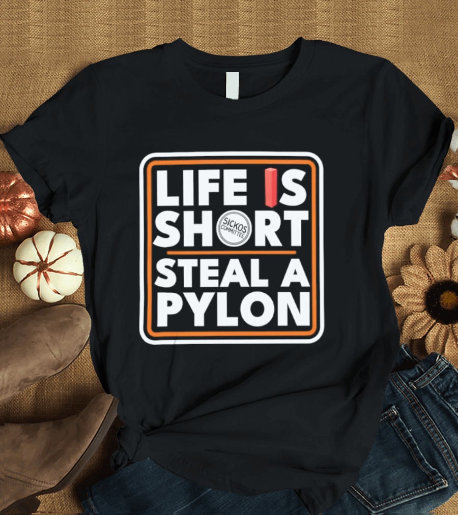 Life Is Short Steal A Pylon Football Humor Orange Block T-Shirt