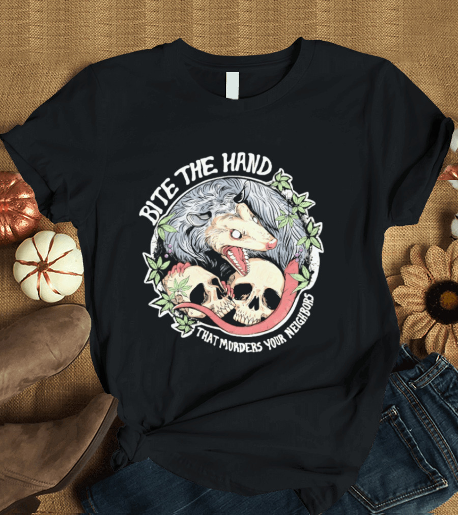 Bite The Hand Opossum With Skulls And Vines T-Shirt