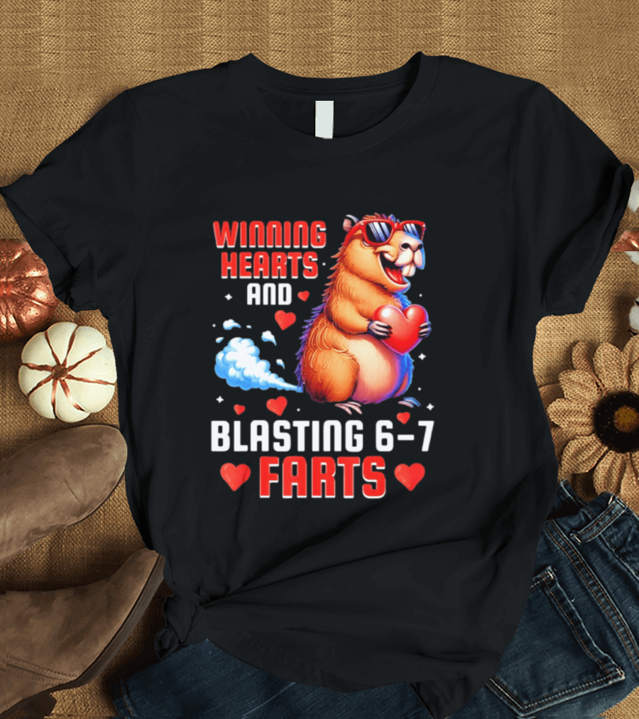 Winning Hearts And Blasting 6 7 Farts Capybara Valentine's Day T-Shirt
