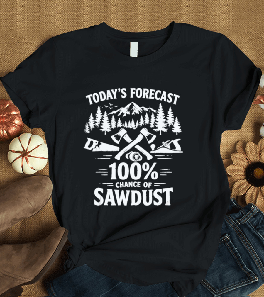 Today's Forecast 100 Percent Chance Of Sawdust Woodworker Forest Scene Woodworking Tools T-Shirt