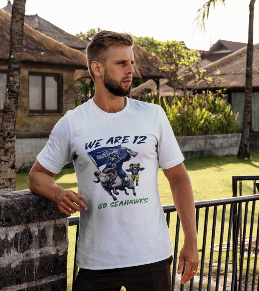 We Are 12 Go Seahawks Riding Goat With Seahawks Flag T-Shirt