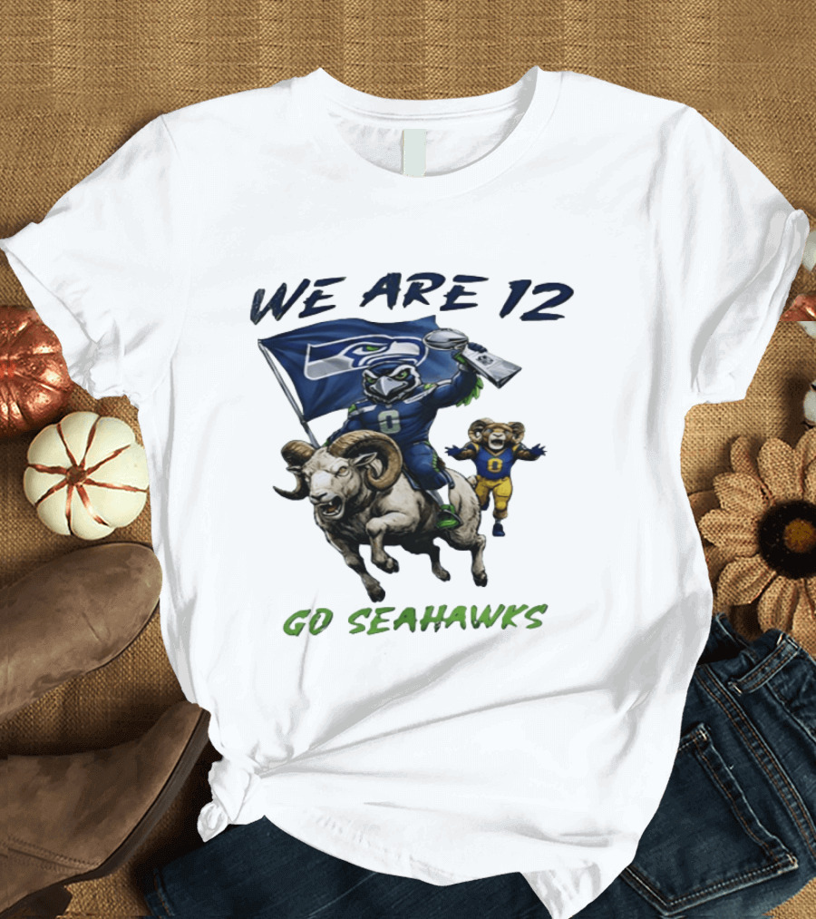 We Are 12 Go Seahawks Riding Goat With Seahawks Flag T-Shirt