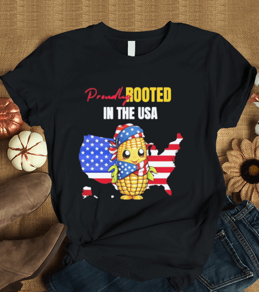 Proudly Rooted In The USA Corn American Flag Map T-Shirt