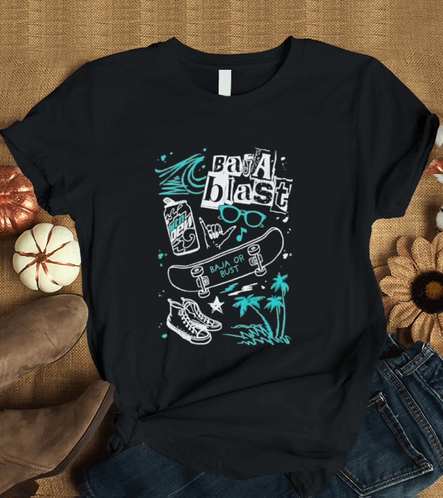 Mountain Dew Baja Blast Skateboard Surf Vibes Ocean Palms Adventure T-Shirt
