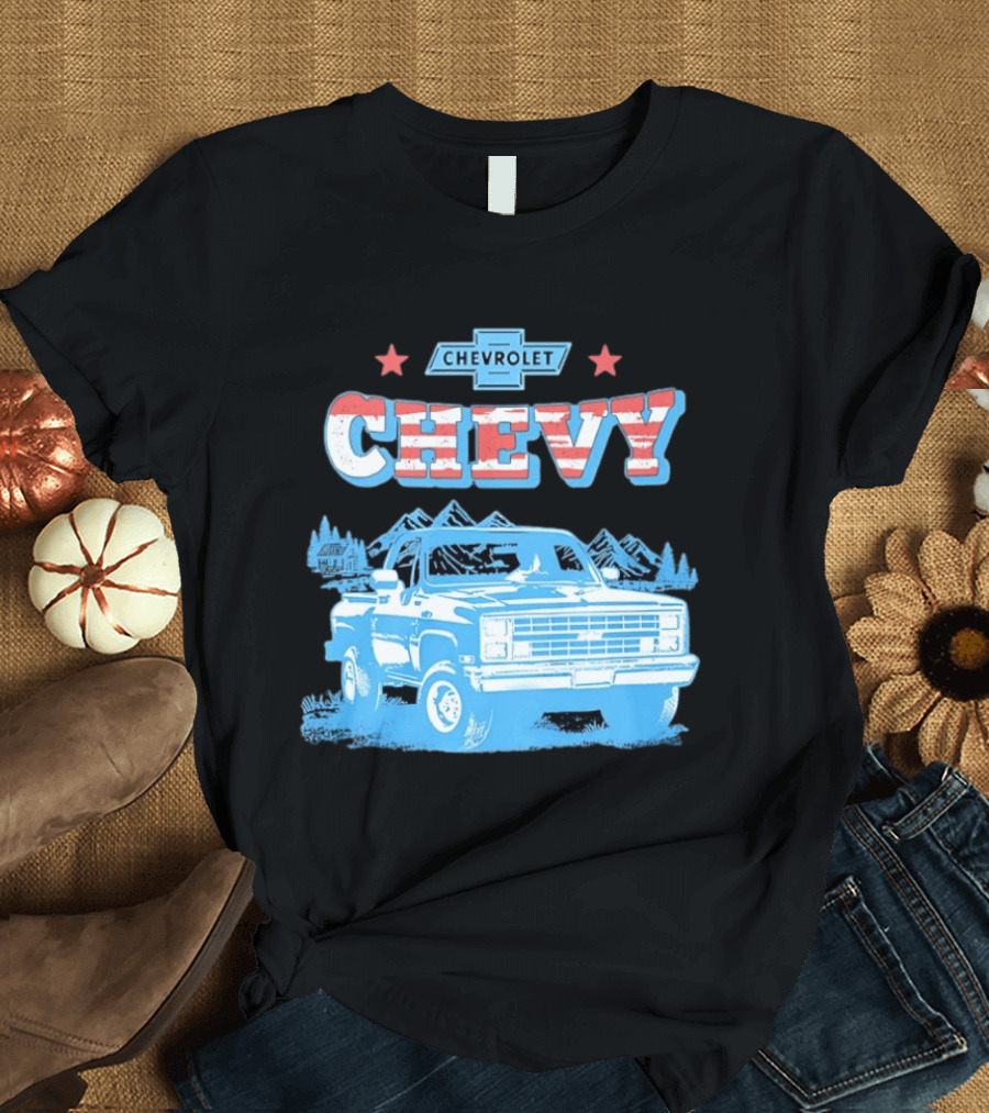 Chevy Chevrolet Truck Vintage Stars And Stripes Retro Mountain Scene T-Shirt