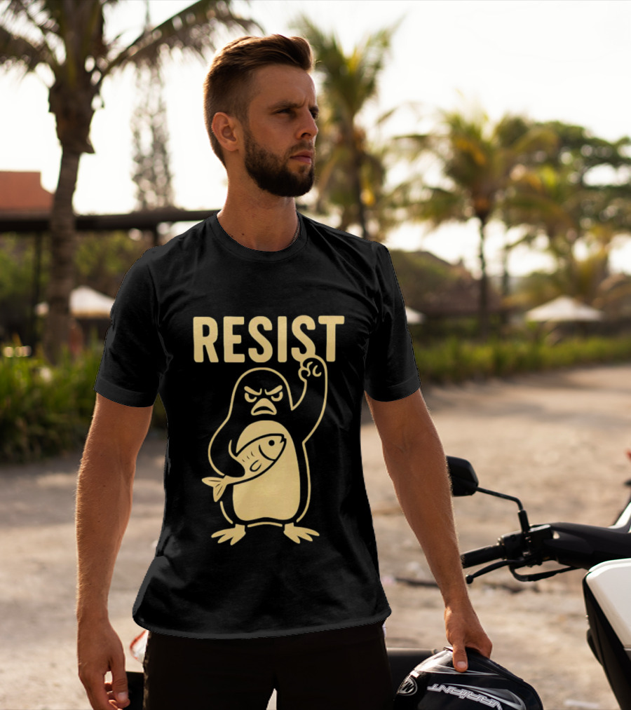 RESIST Angry Penguin Holding Fish T-Shirt