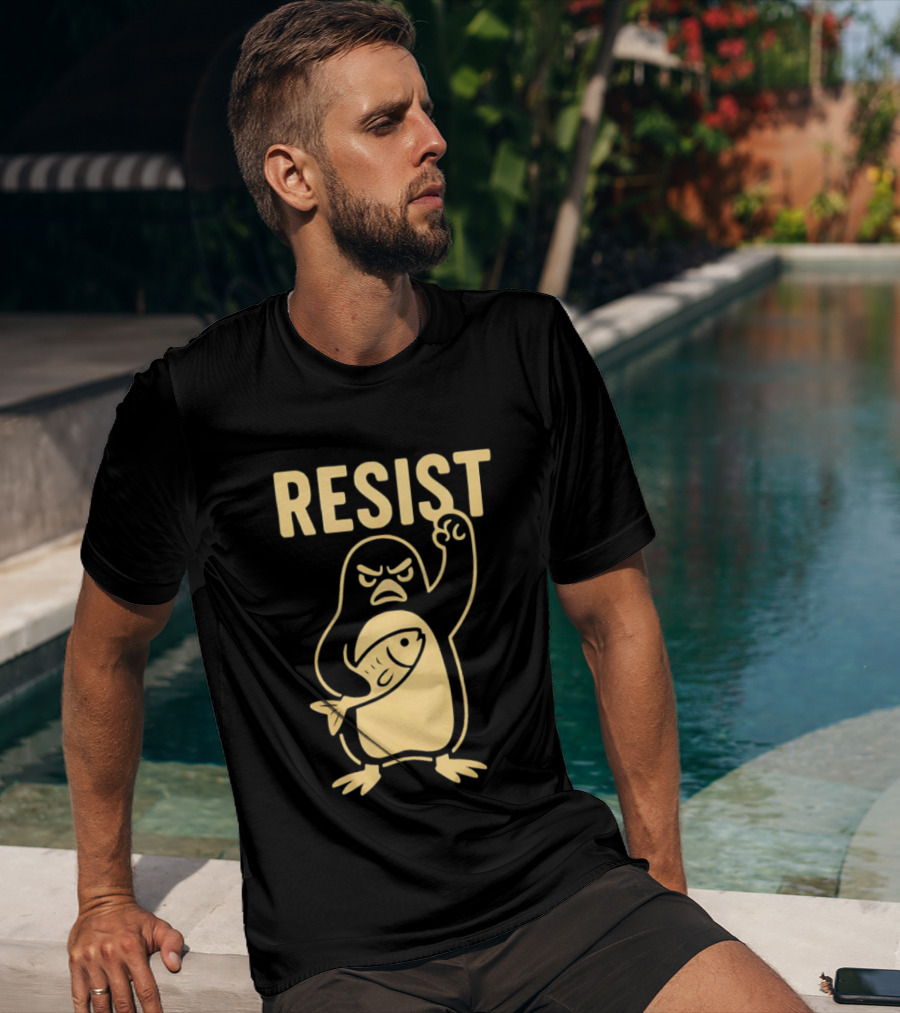 RESIST Angry Penguin Holding Fish T-Shirt