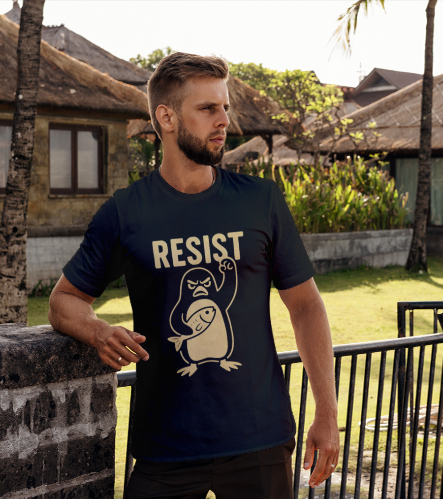 RESIST Angry Penguin Holding Fish T-Shirt