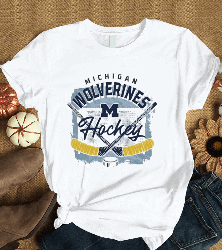 Michigan Wolverines Hockey Team Logo With Crossed Sticks And Puck T-Shirt