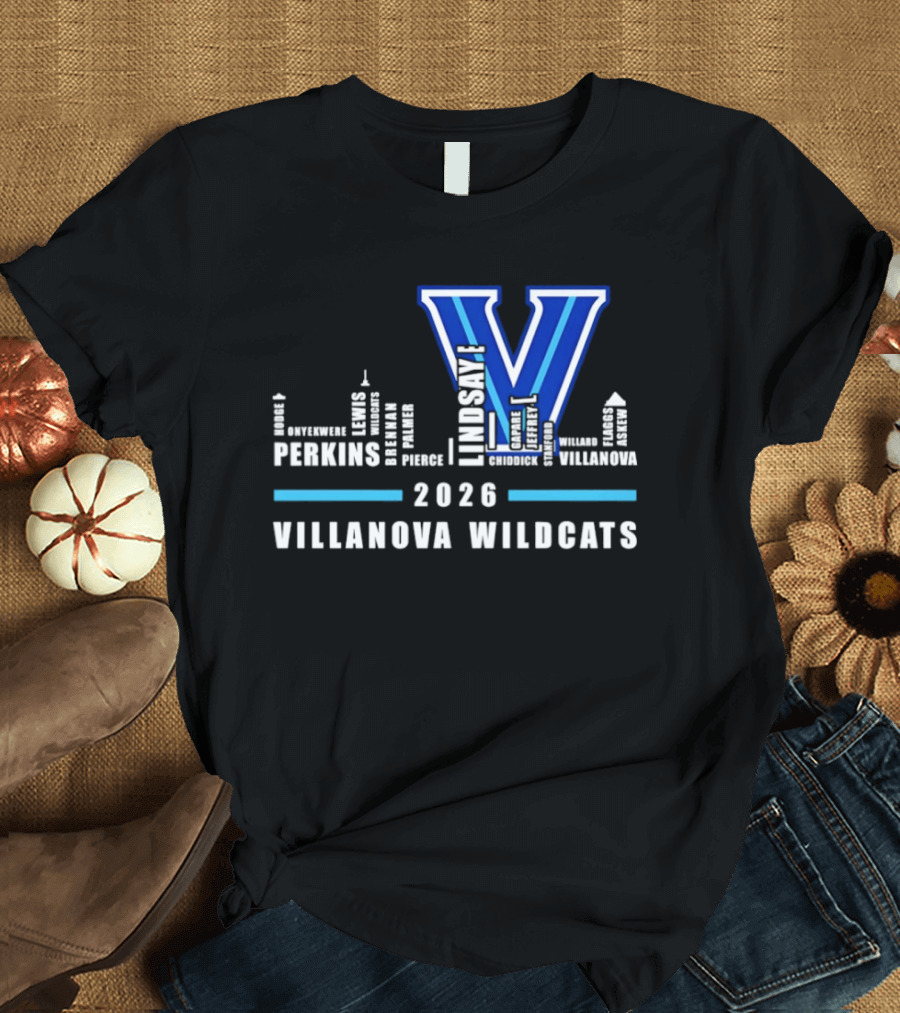 2026 Villanova Wildcats V With City Skyline And Player Names T-Shirt
