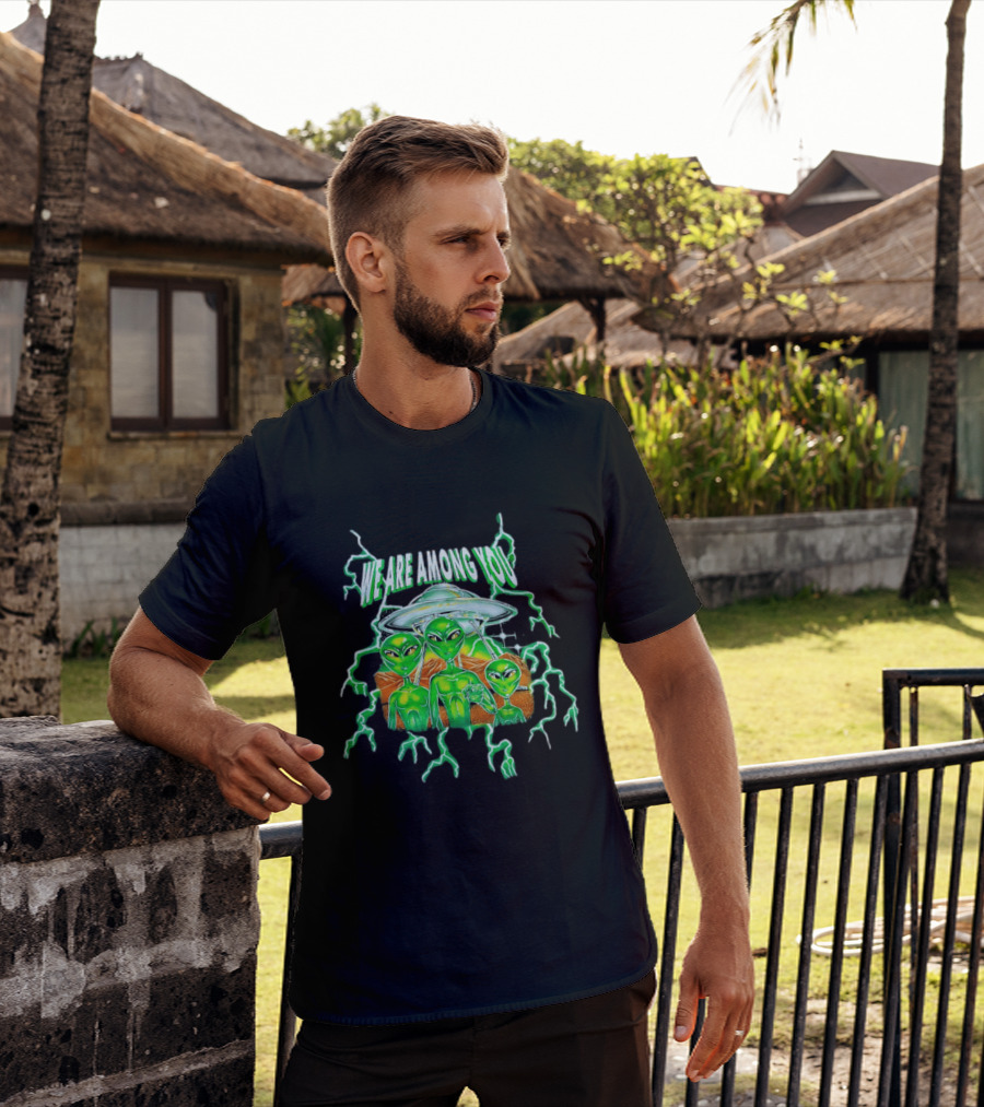 We Are Among You Alien UFO Electric Green Extraterrestrial Scene T-Shirt
