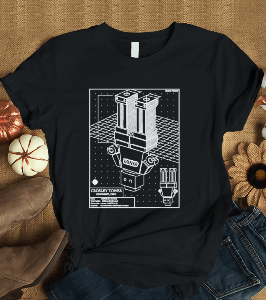Crosley Tower Blueprint Cincinnati Ohio Robot Schematic T-Shirt