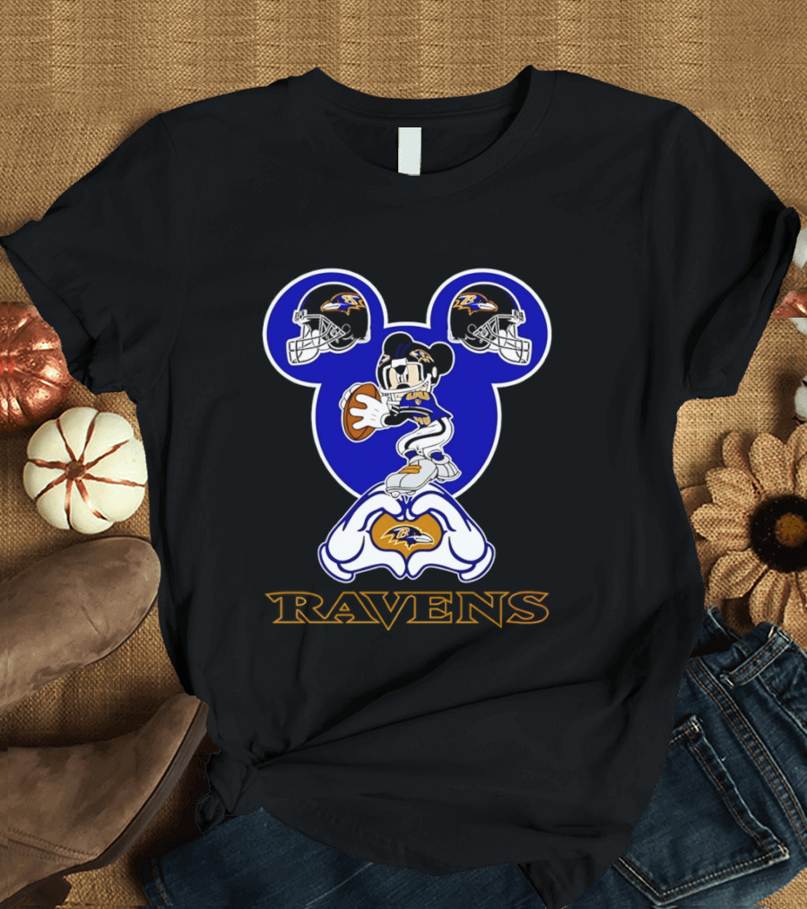Baltimore Ravens Mickey Mouse Heart Hands Football Helmets T-Shirt