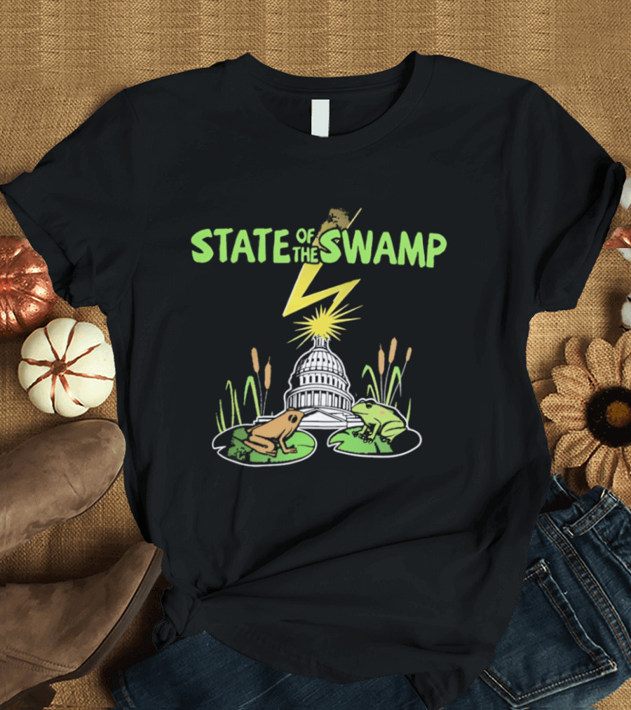 STATE OF THE SWAMP Capitol Frogs And Lightning Bolt Scene T-Shirt