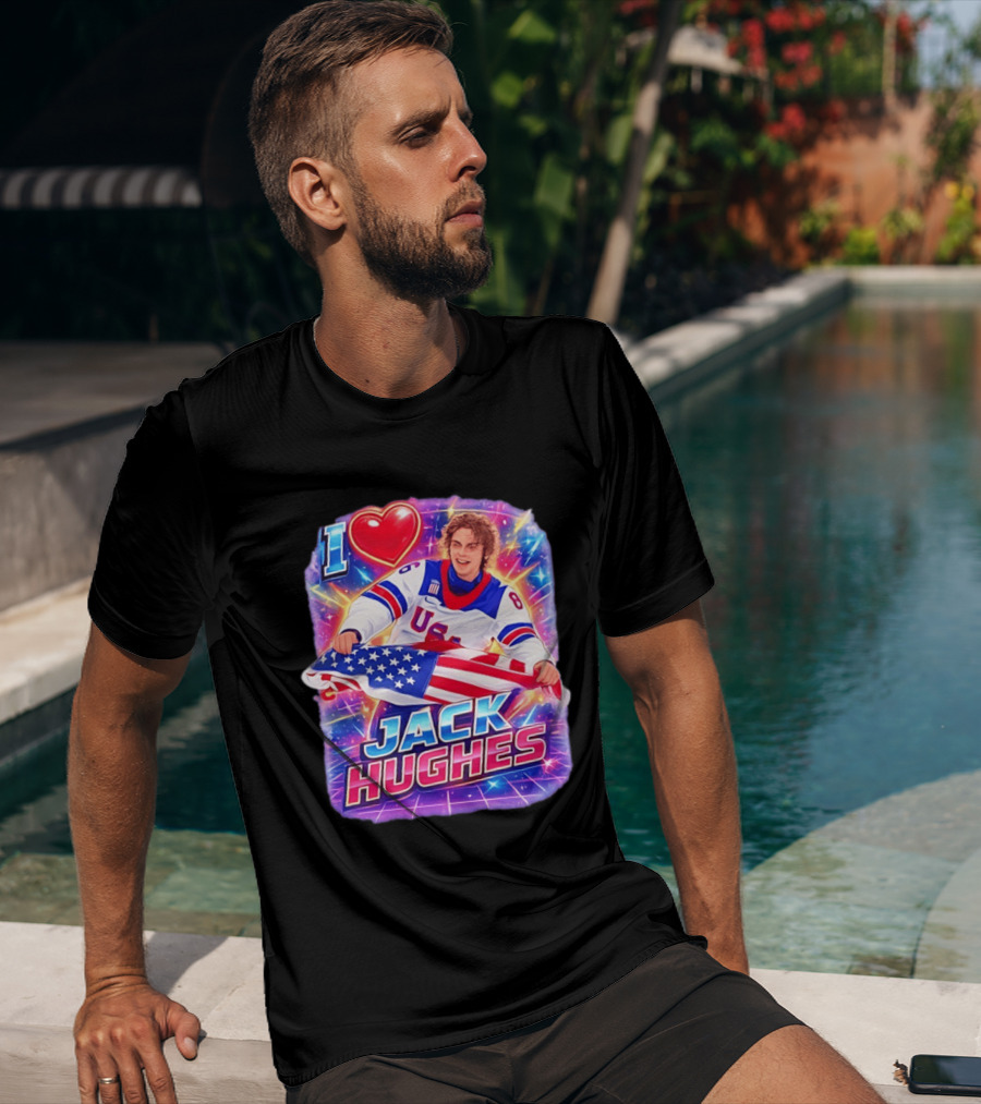 I Love Jack Hughes USA Hockey Flag Celebration T-Shirt