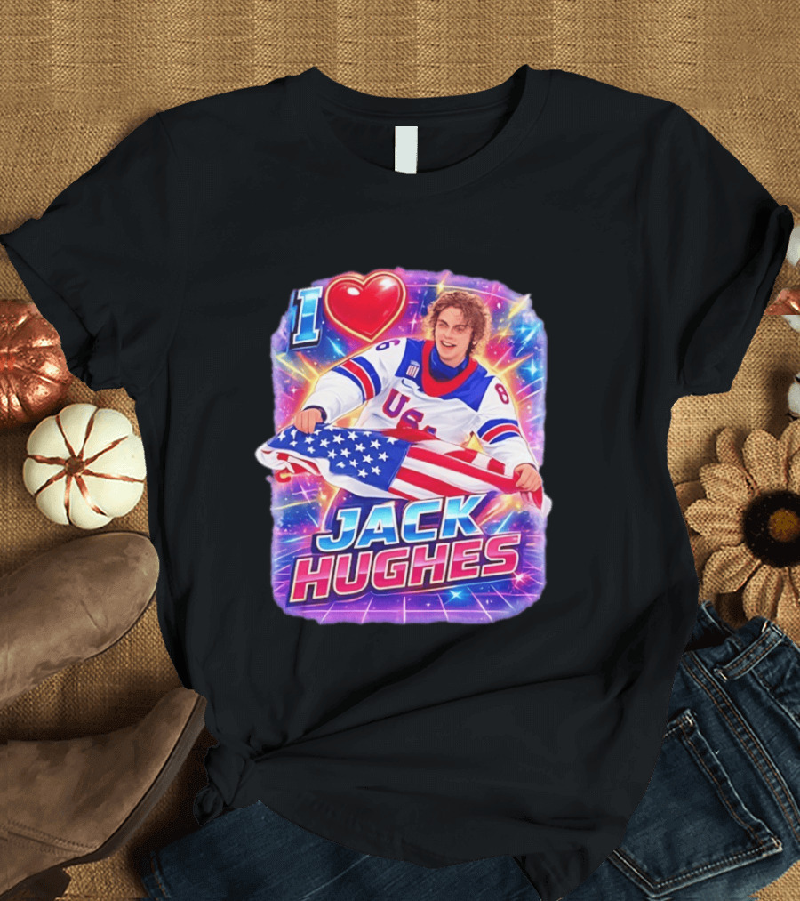 I Love Jack Hughes USA Hockey Flag Celebration T-Shirt