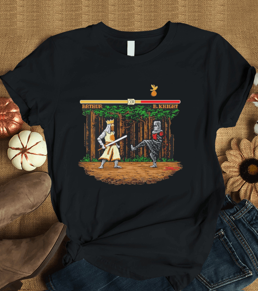 King Arthur Vs Black Knight KO Monty Python And The Holy Grail Pixel Art Forest Duel T-Shirt