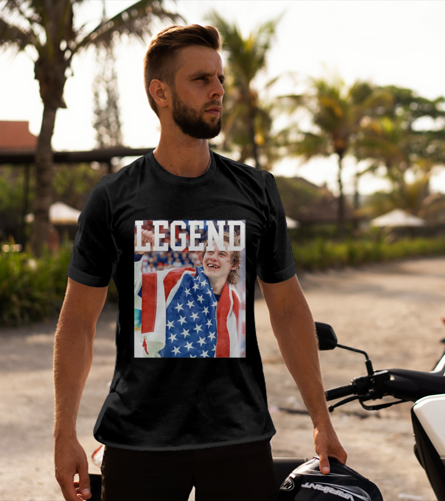 Men's Hockey USA Jack Hughes Legend American Flag Victory Celebration T-Shirt