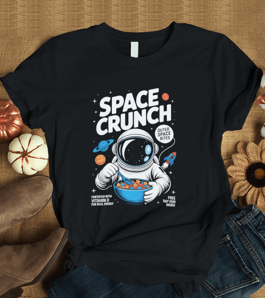 Space Crunch Outer Space Bites Astronaut Eating Cereal Planets Rockets T-Shirt