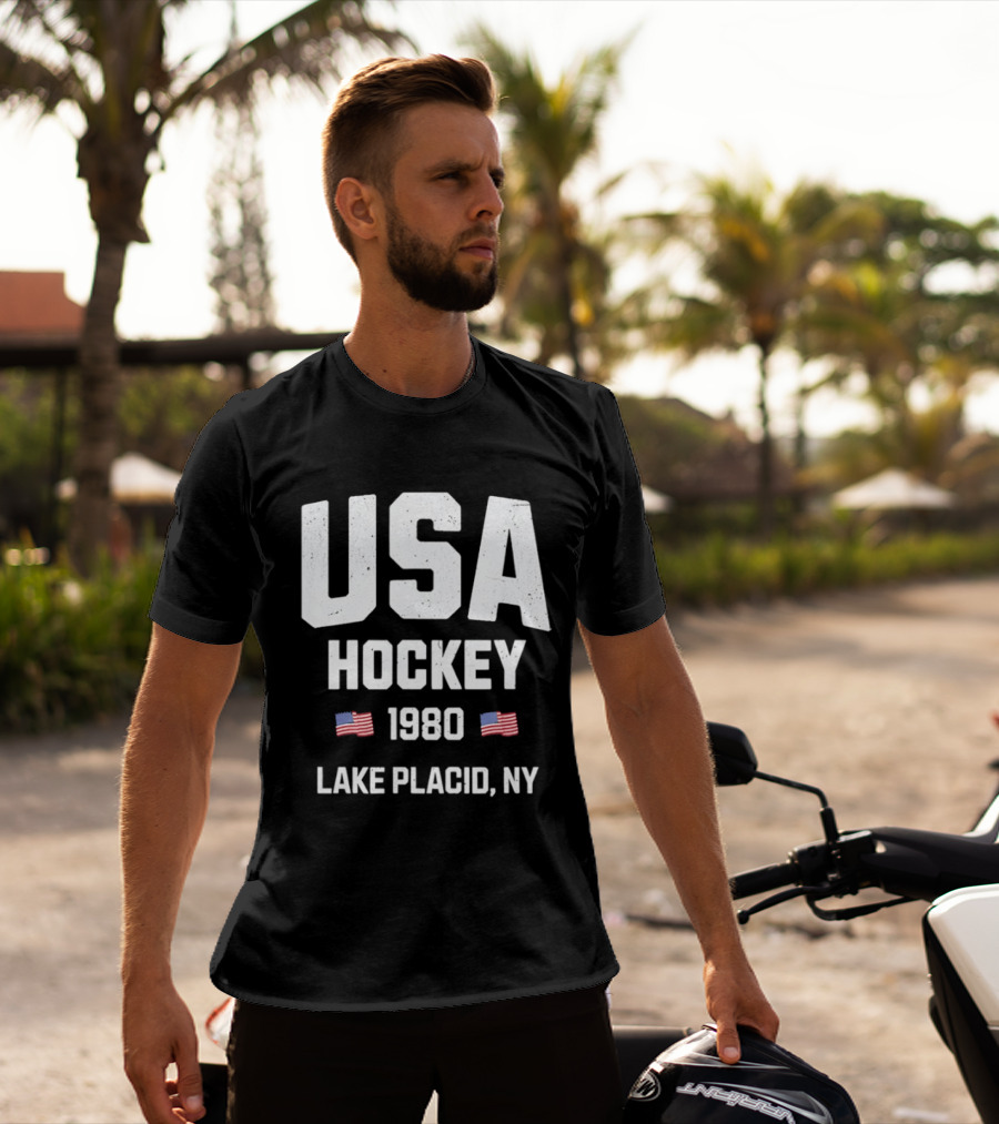 USA Hockey 1980 Lake Placid NY American Flags T-Shirt