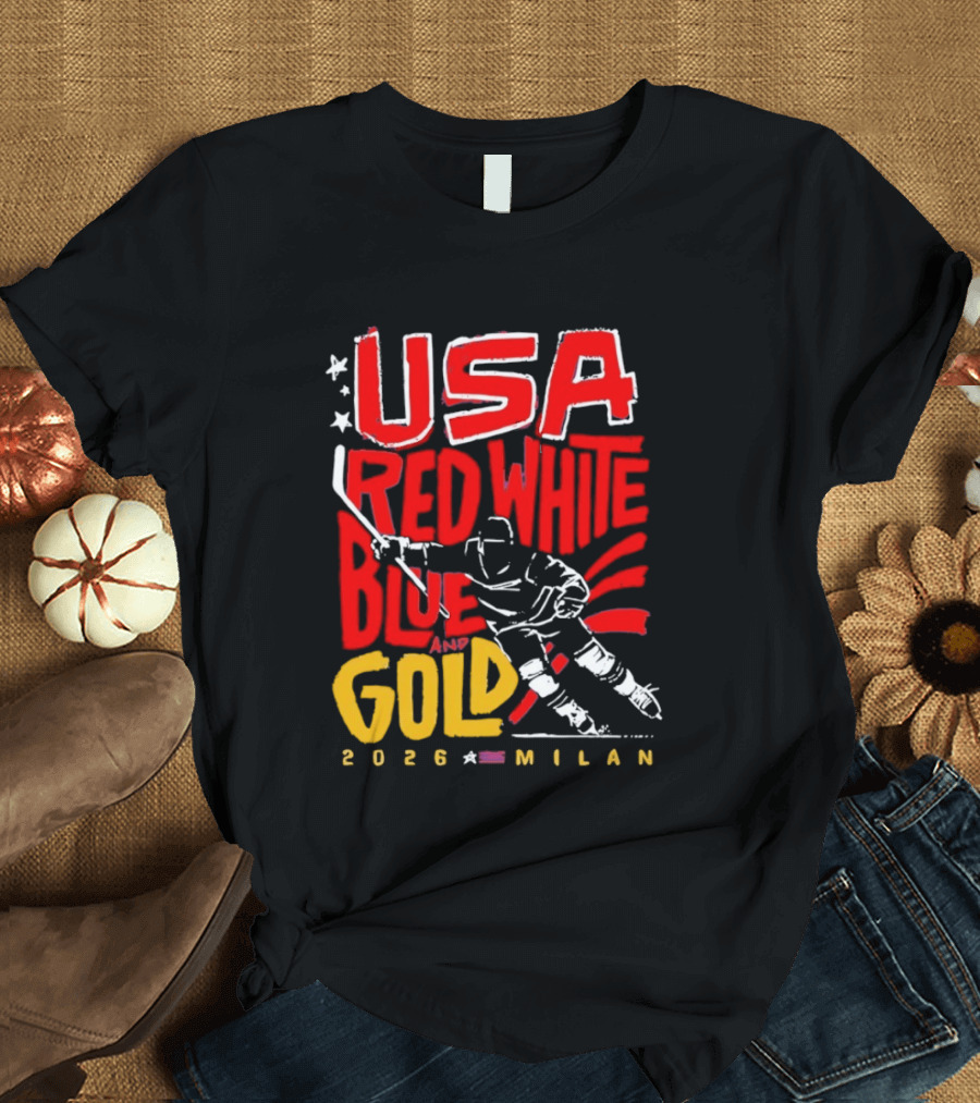 USA Hockey Red White Blue Gold 2026 Milan Sports Event T-Shirt