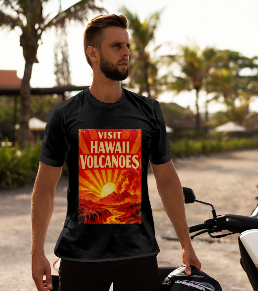 Visit Hawaii Volcanoes Vintage Travel With Erupting Mountain And Sunset Rays T-Shirt