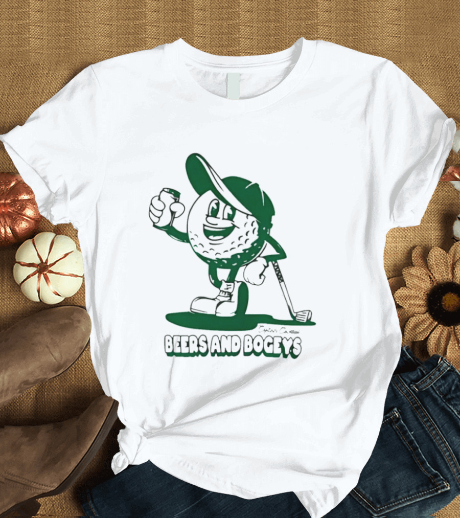 Beers And Bogeys Golf Cartoon Character With Beer Can And Club T-Shirt