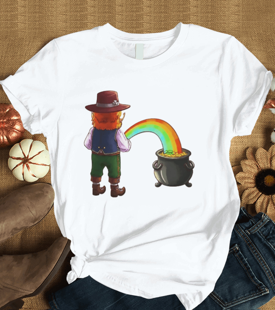 St Patricks Day Leprechaun Pissing Rainbow Into Pot Of Gold Meme T-Shirt