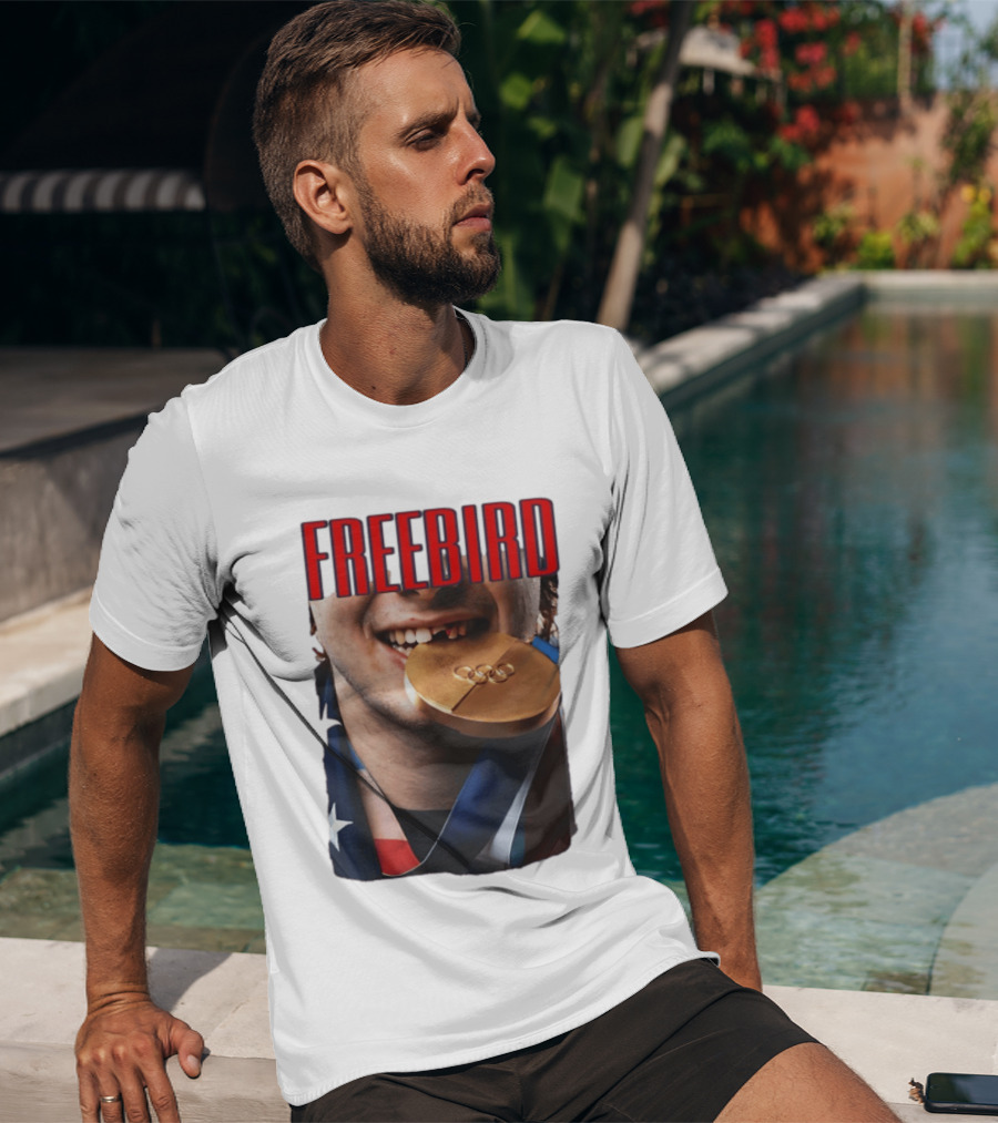 Jack Hughes Freebird Golden Smile Olympic Medal Bite T-Shirt
