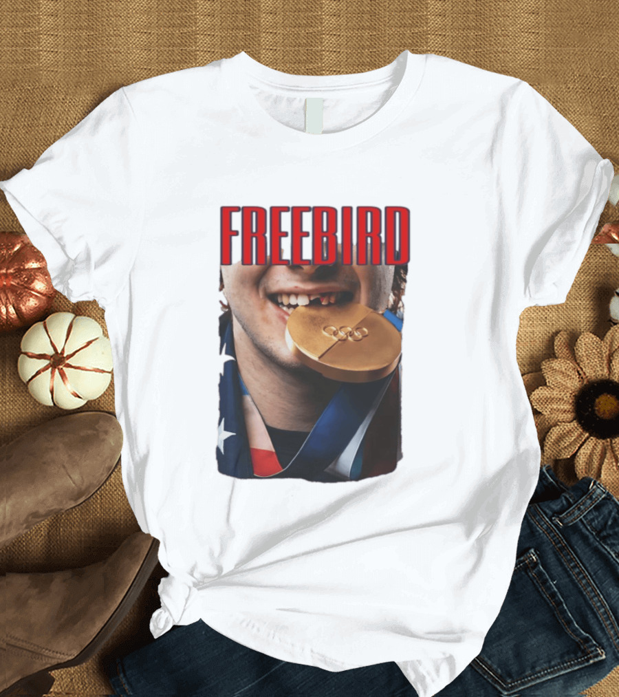 Jack Hughes Freebird Golden Smile Olympic Medal Bite T-Shirt