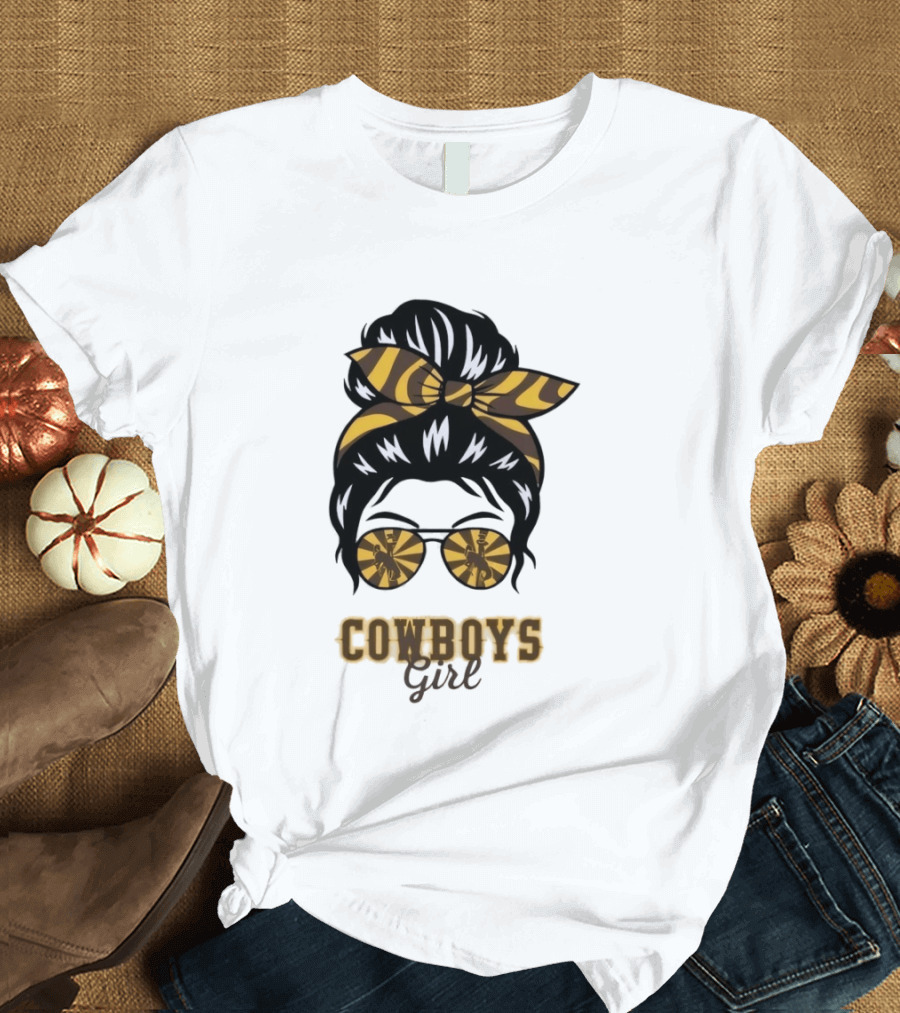 Wyoming Cowboys Girl Messy Bun Zebra Print Headband Glasses T-Shirt