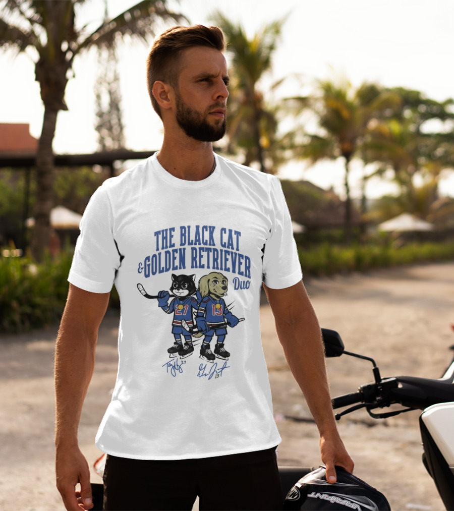 The Black Cat And Golden Retriever Duo Hockey Team 27 13 T-Shirt