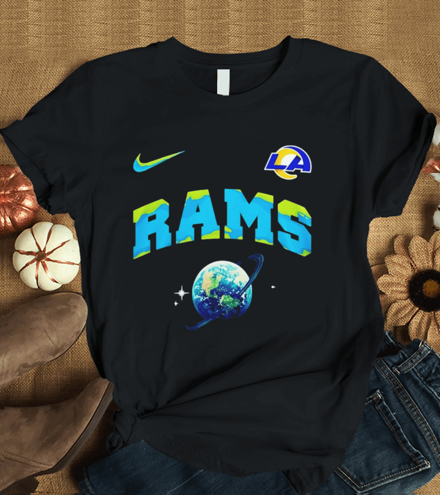 Los Angeles Rams Earth Day One Planet One Goal Nike Collaboration With LA Logo And Planet T-Shirt