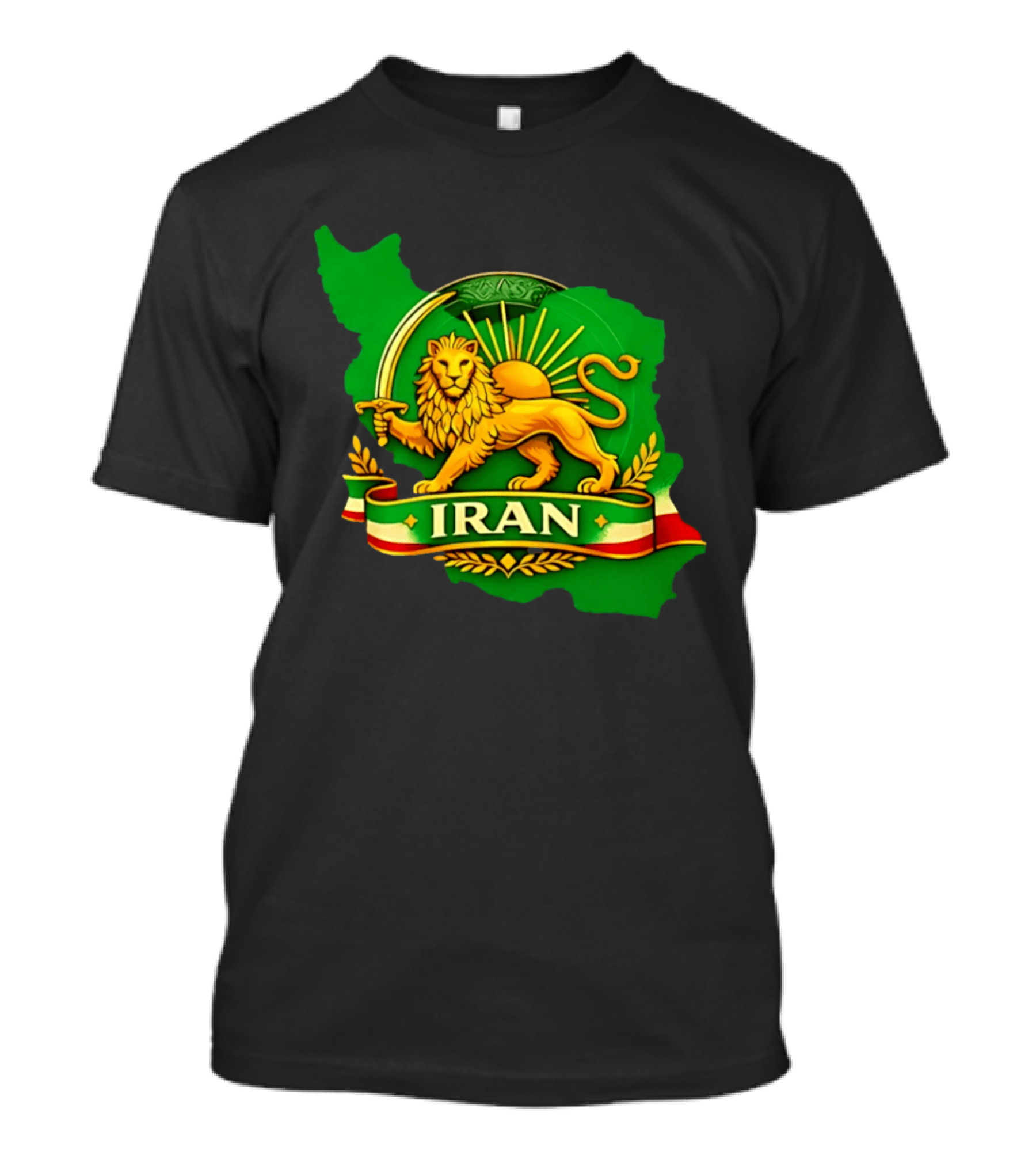 Iran Lion And Sun Emblem On Map Of Iran With National T-Shirt