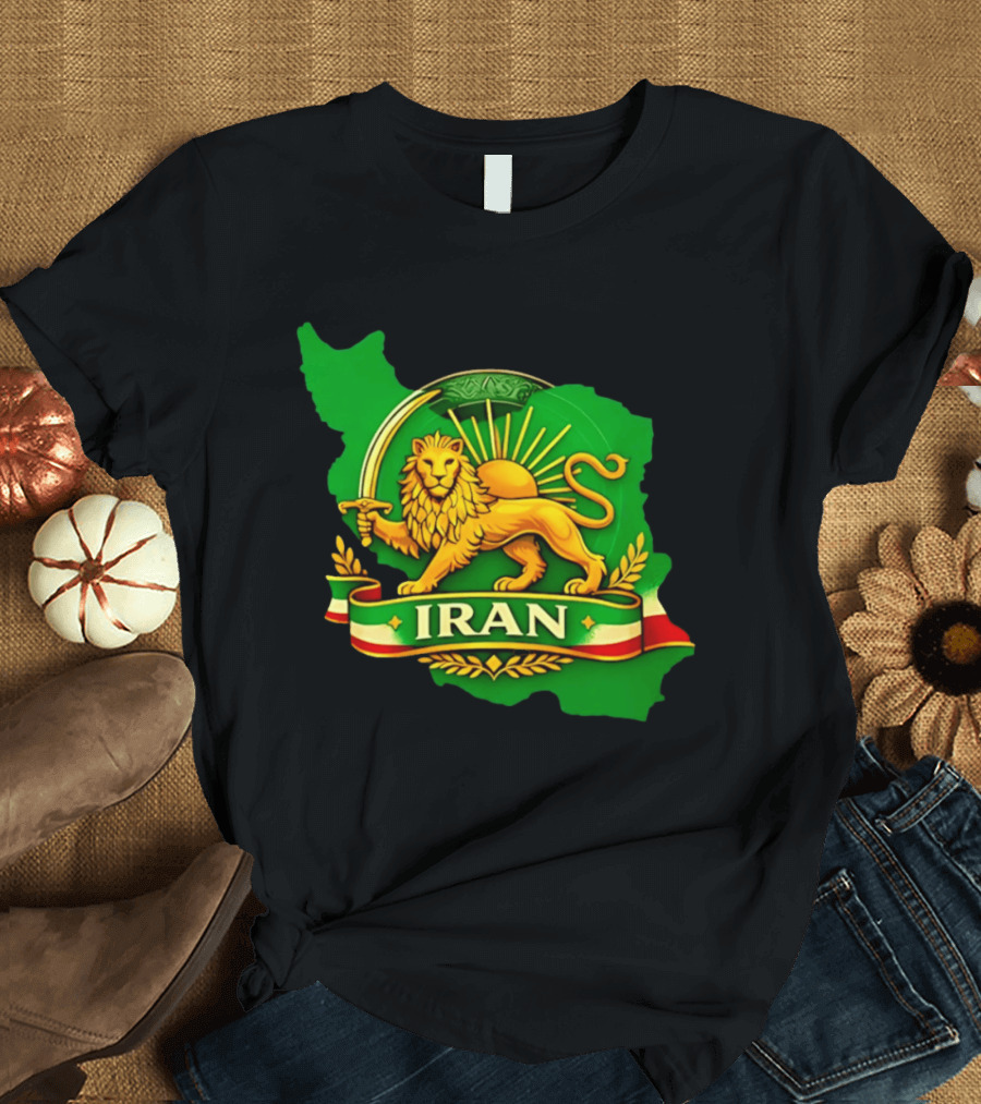 Iran Lion And Sun Emblem On Map Of Iran With National T-Shirt