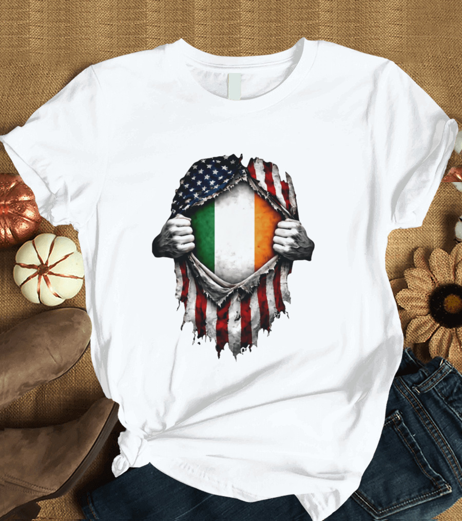 Irish Inside American Flag Tear With Ireland Flag T-Shirt