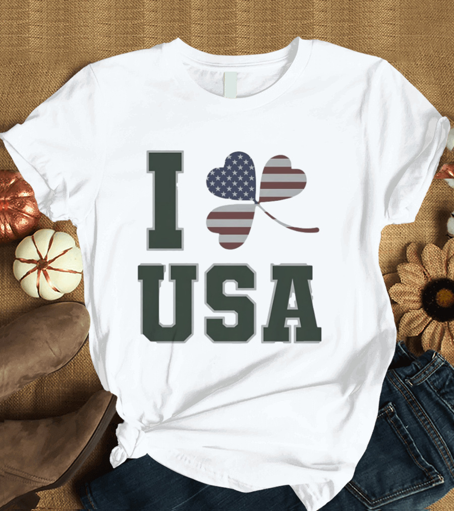 I Love USA St Patrick's Day Shamrock American Flag Heart T-Shirt
