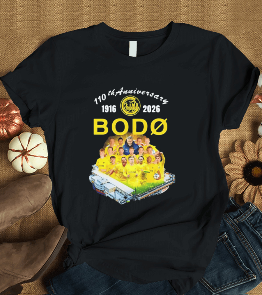 Bodø Glimt 110th Anniversary 1916 2026 Aspmyra Stadion Collage Featuring Players And Signatures T-Shirt