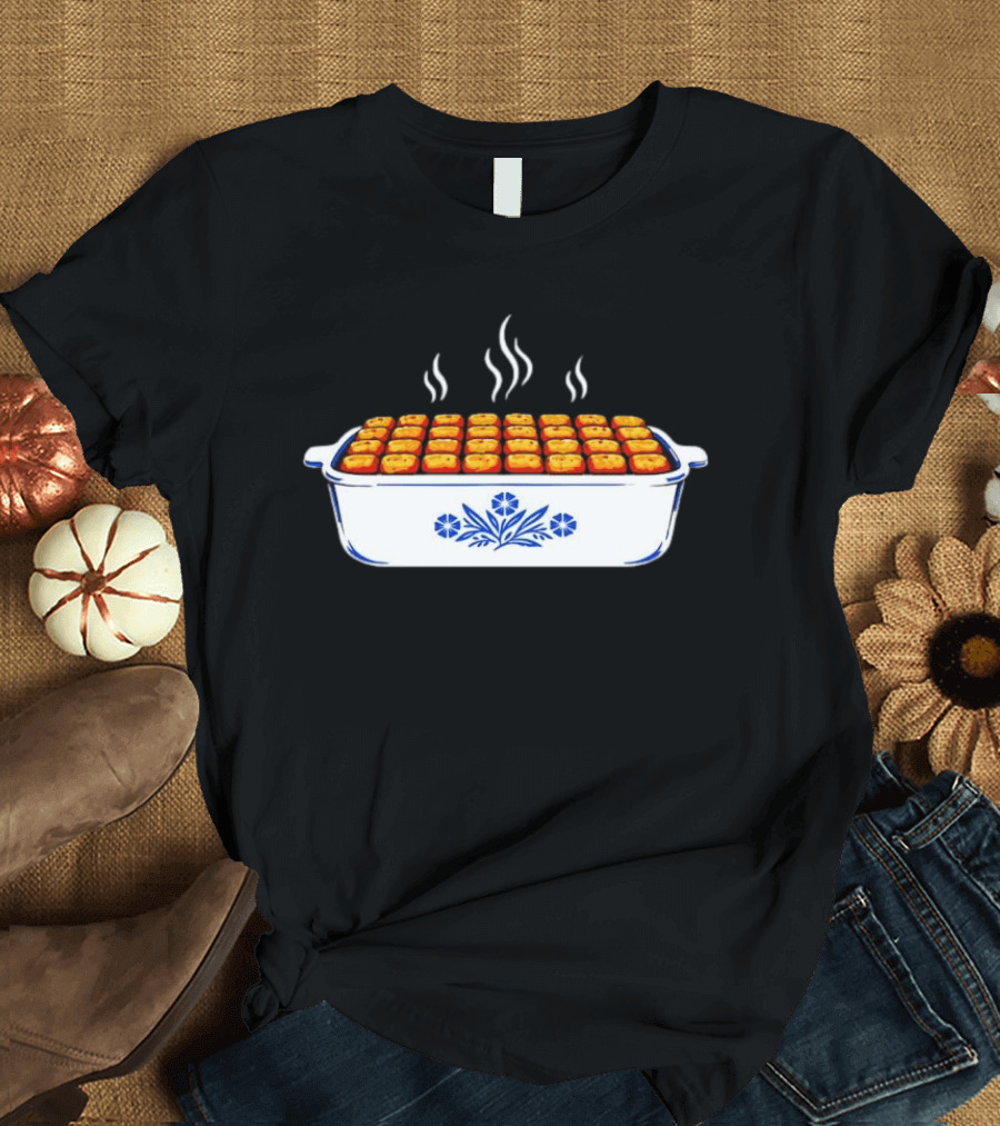 Steaming Cornflower Pattern Tater Tot Hotdish Recipe Minnesota Comfort Food T-Shirt