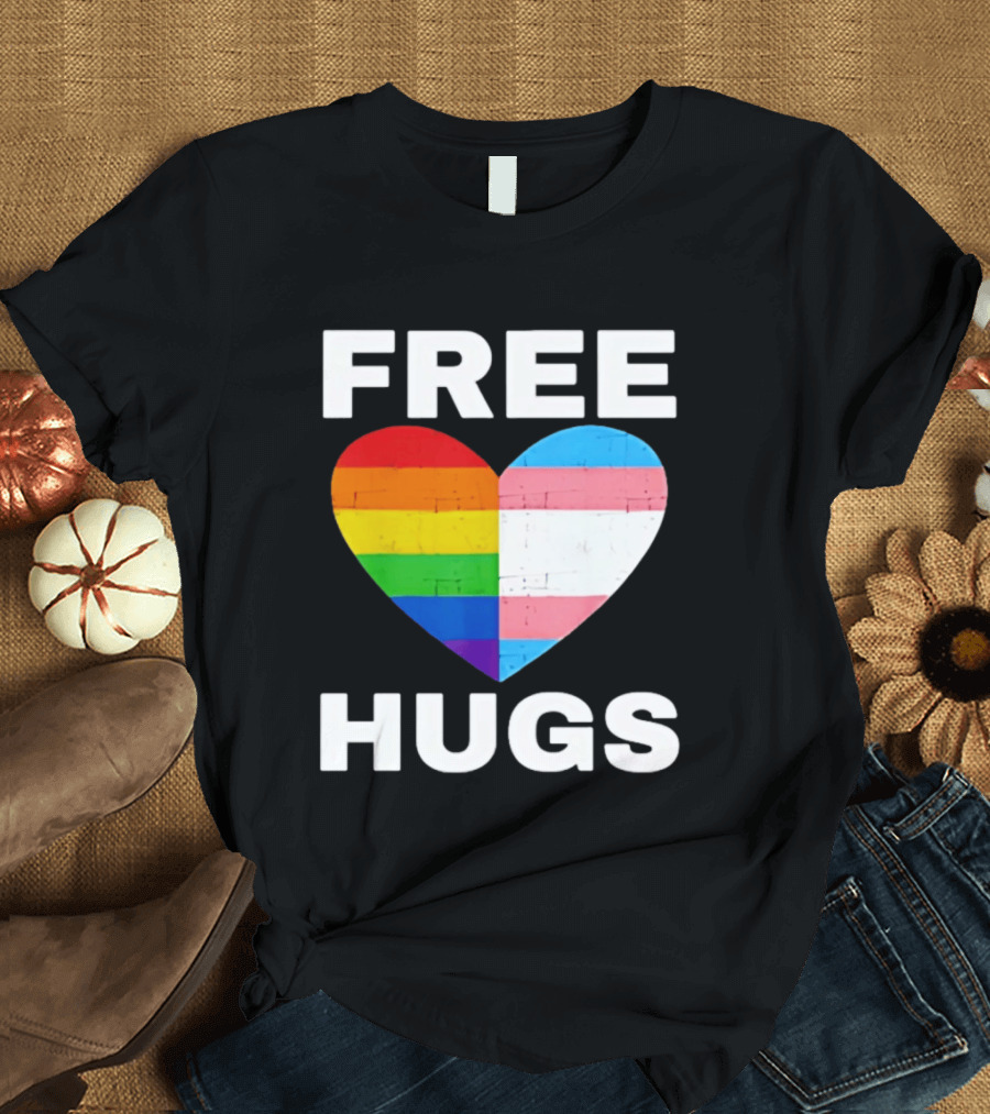 Free Hugs LGBTQ Rainbow Heart Pride T-Shirt