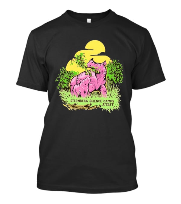 Sternberg Science Camps Staff Pink Dinosaurs Under Yellow Sun T-Shirt
