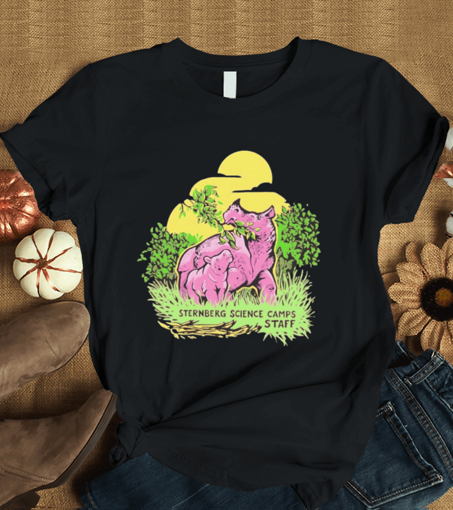 Sternberg Science Camps Staff Pink Dinosaurs Under Yellow Sun T-Shirt