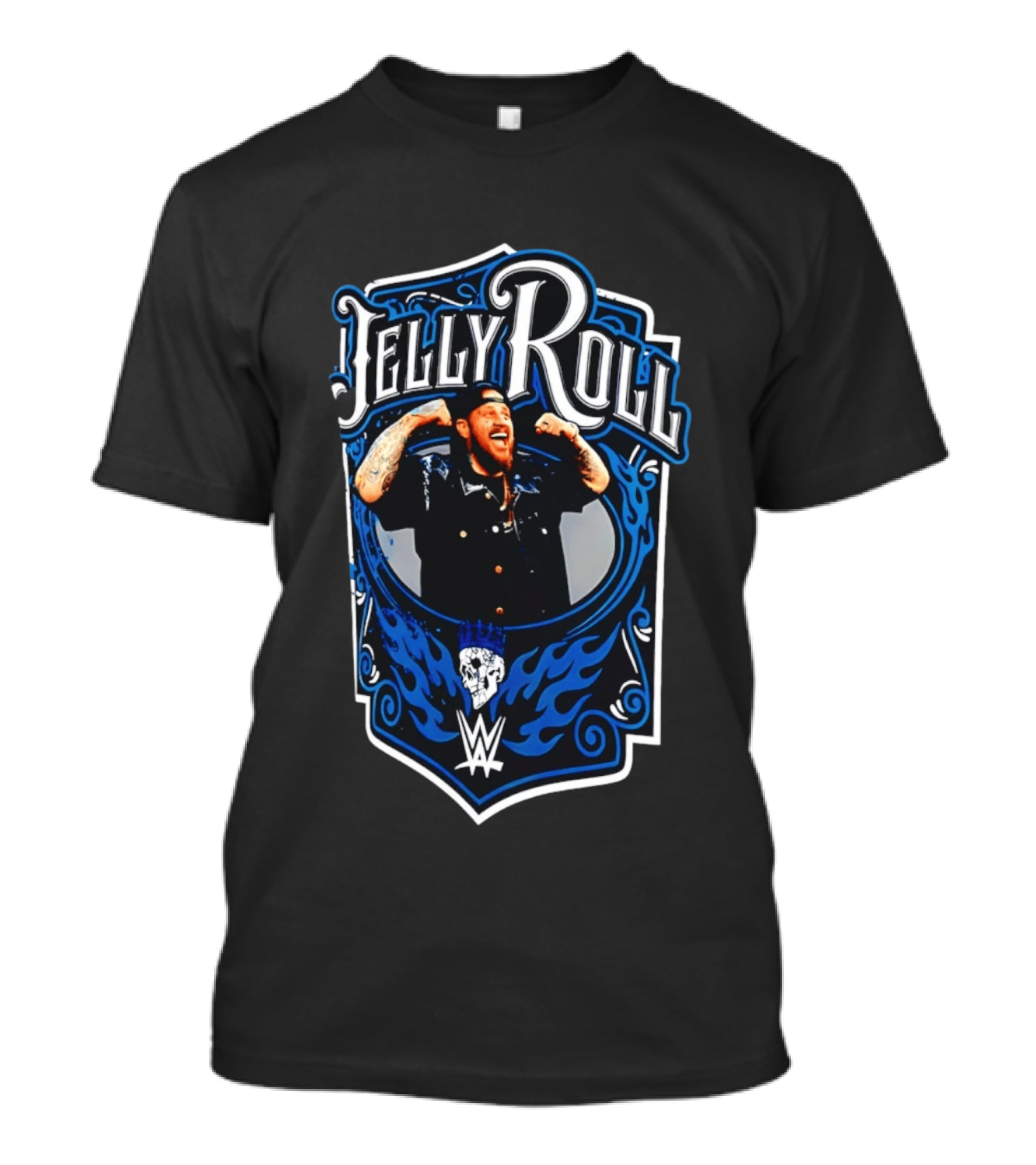 Jelly Roll WWE Superstar Illustration With Flaming Skull And Tattooed Arms T-Shirt