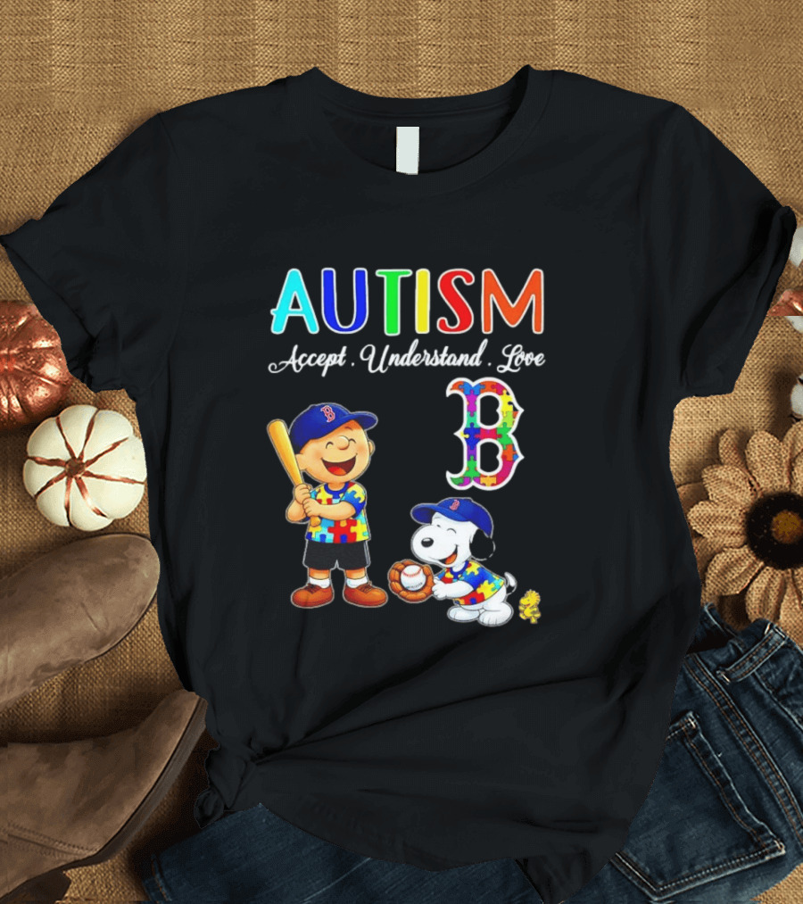 Charlie Brown Snoopy Boston Red Sox Autism Accept Understand Love T-Shirt