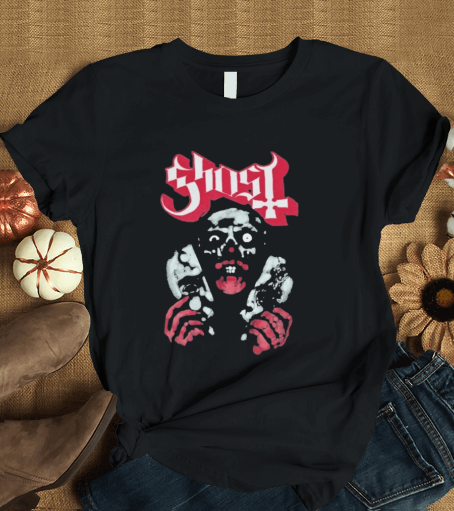 Ghost Mask Design Red And White Skulls And Hands T-Shirt