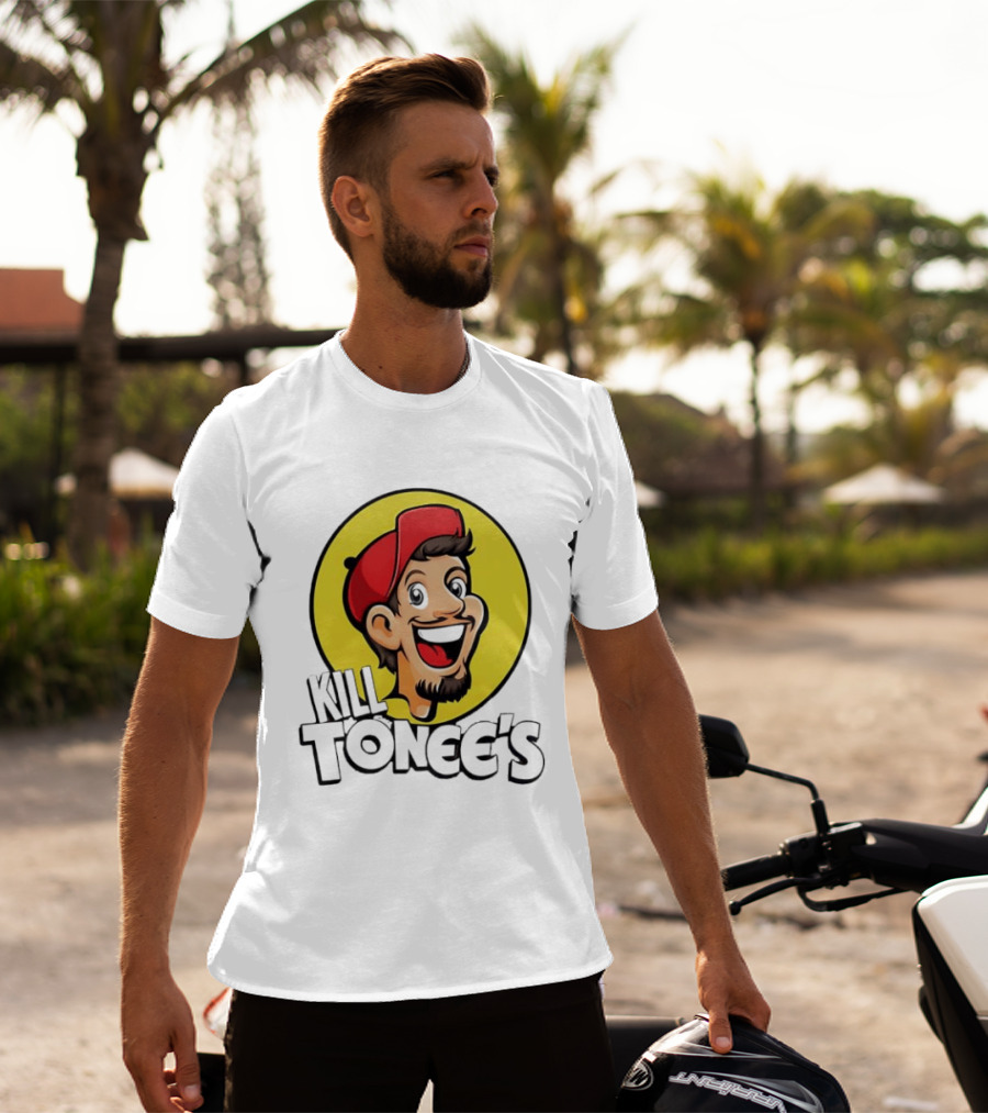 Kill Tonee's Cartoon Character In Red Cap And Yellow Circle T-Shirt