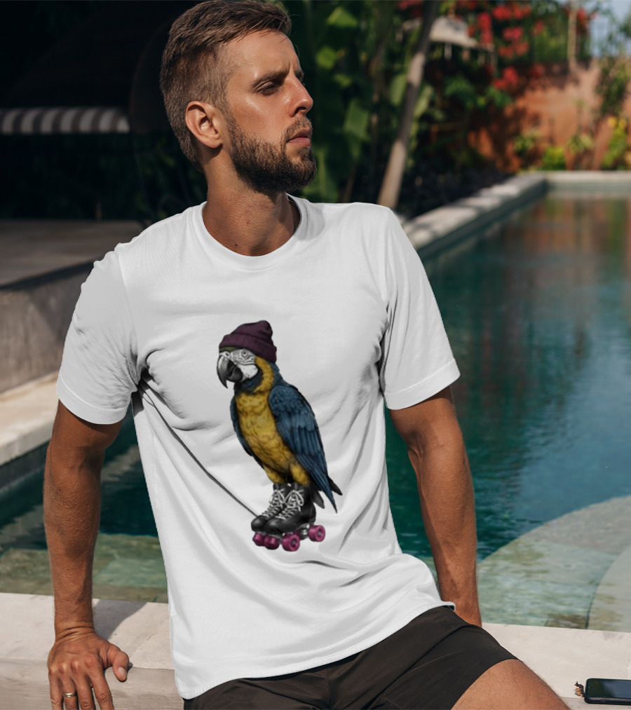 Nice Roller Skating Parrot With Hat And Colorful Feathers T-Shirt