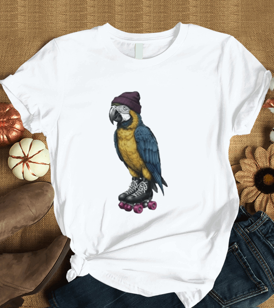 Nice Roller Skating Parrot With Hat And Colorful Feathers T-Shirt