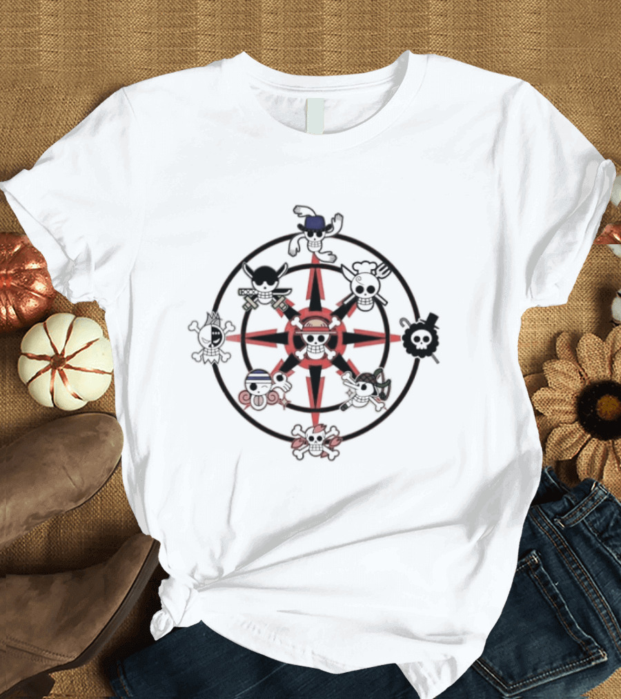 One Piece Straw Hat Pirate Crew Jolly Roger Wheel T-Shirt