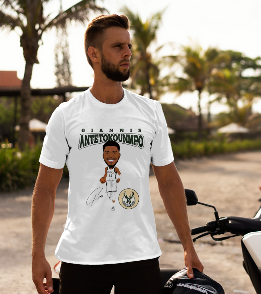 Giannis Antetokounmpo Milwaukee Bucks Hardwood Comic Caricature Basketball Signature 34 T-Shirt
